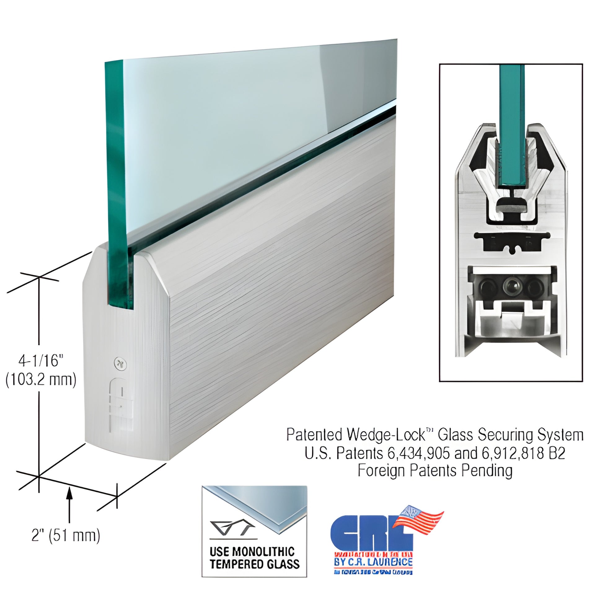 Brushed stainless steel tapered Wedge-Lock door rail for 3/8" glass, 35-3/4" long, aluminum-clad