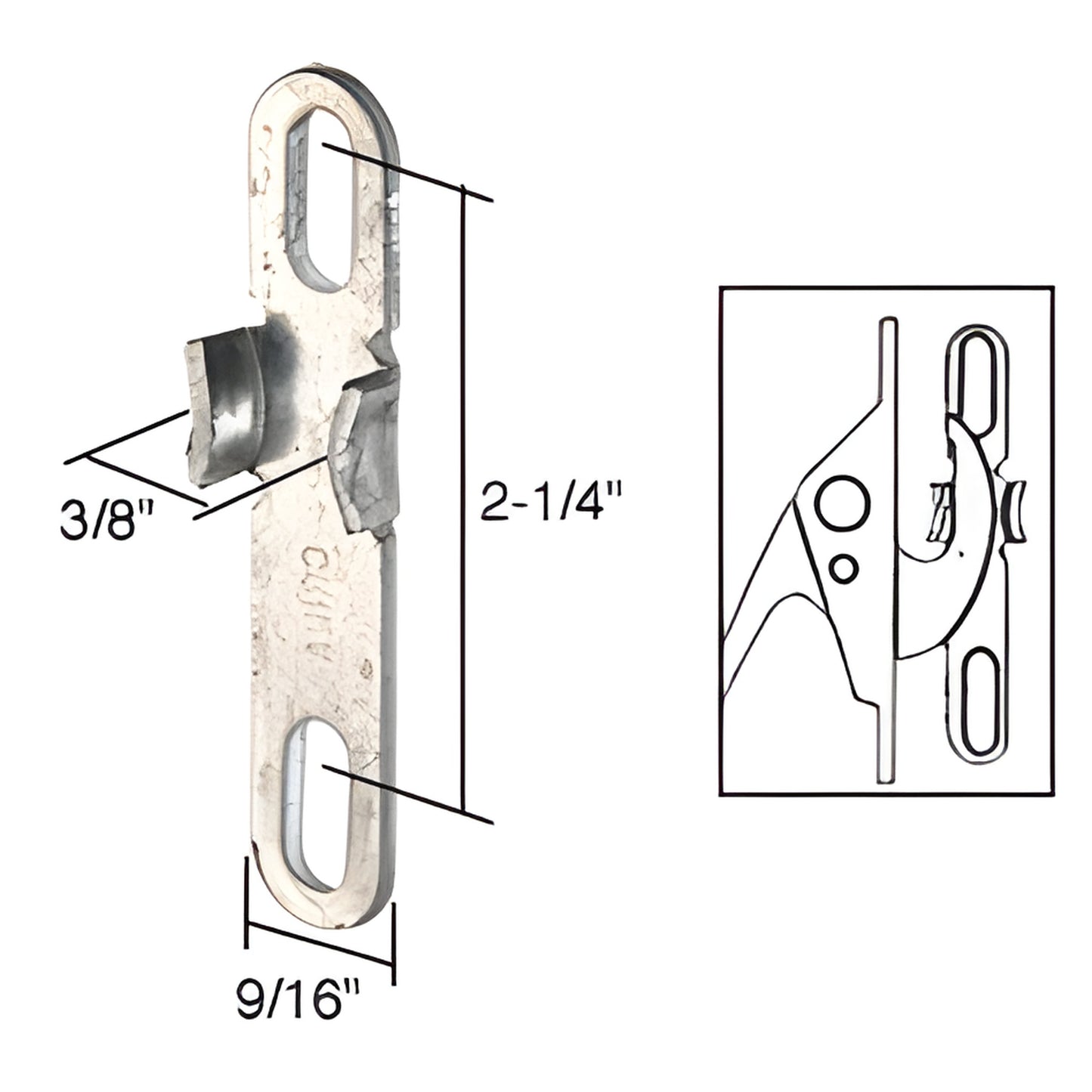 Stamped aluminum casement window lock keeper (SKU H3545) with dimensional diagram, 2-1/4" long, 9/16" wide.