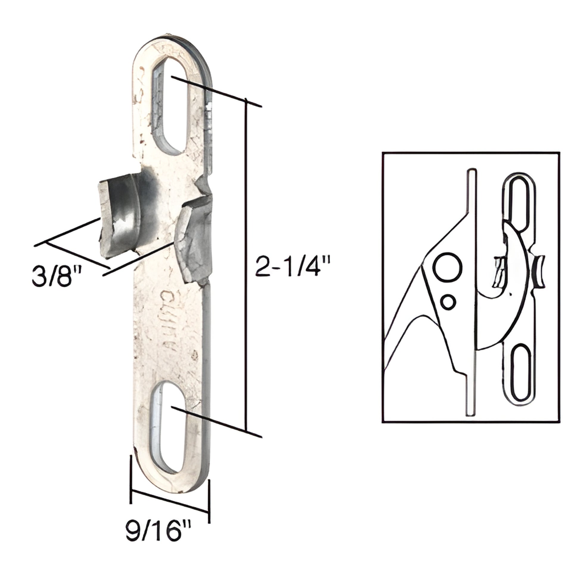 Stamped aluminum casement window lock keeper (SKU H3545) with dimensional diagram, 2-1/4" long, 9/16" wide.