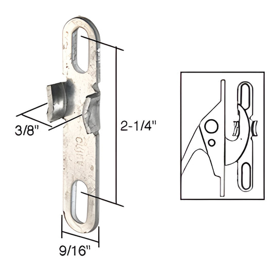 Stamped aluminum casement window lock keeper (SKU H3545) with dimensional diagram, 2-1/4" long, 9/16" wide.