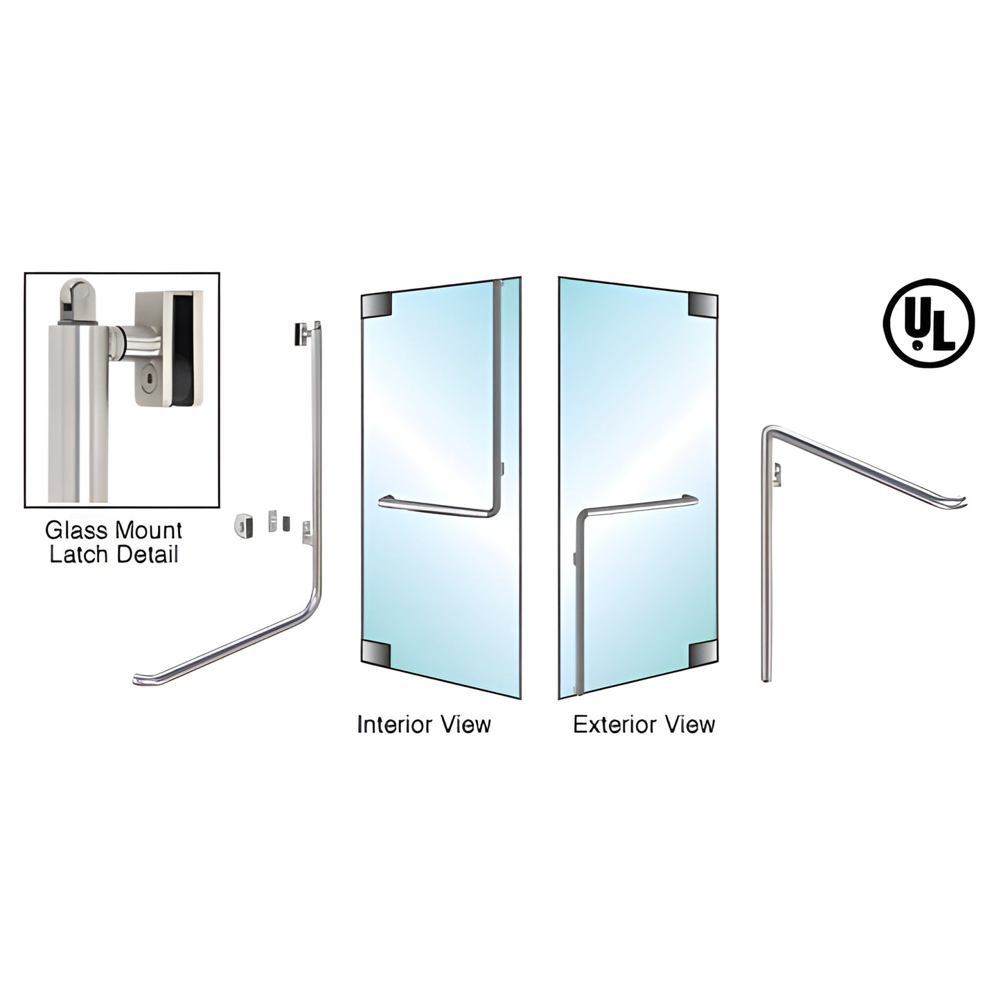 PA100C3GKBS brushed stainless panic handle for 1/2" tempered glass doors, 1-1/4" tube, interior push bar, exterior keyed opti