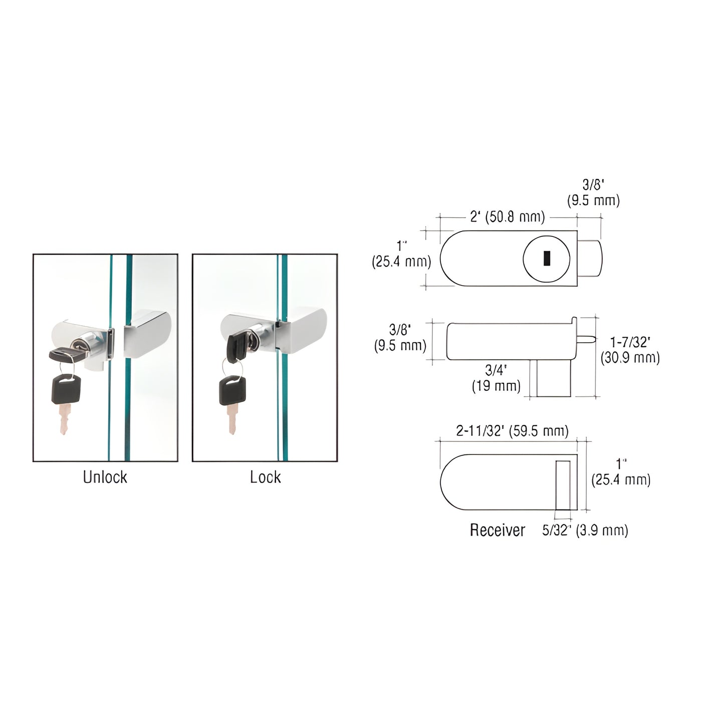 Chrome no-drill showcase lock (SKU 255CHKA) mounted on glass with key, receiver and dimensional diagram.