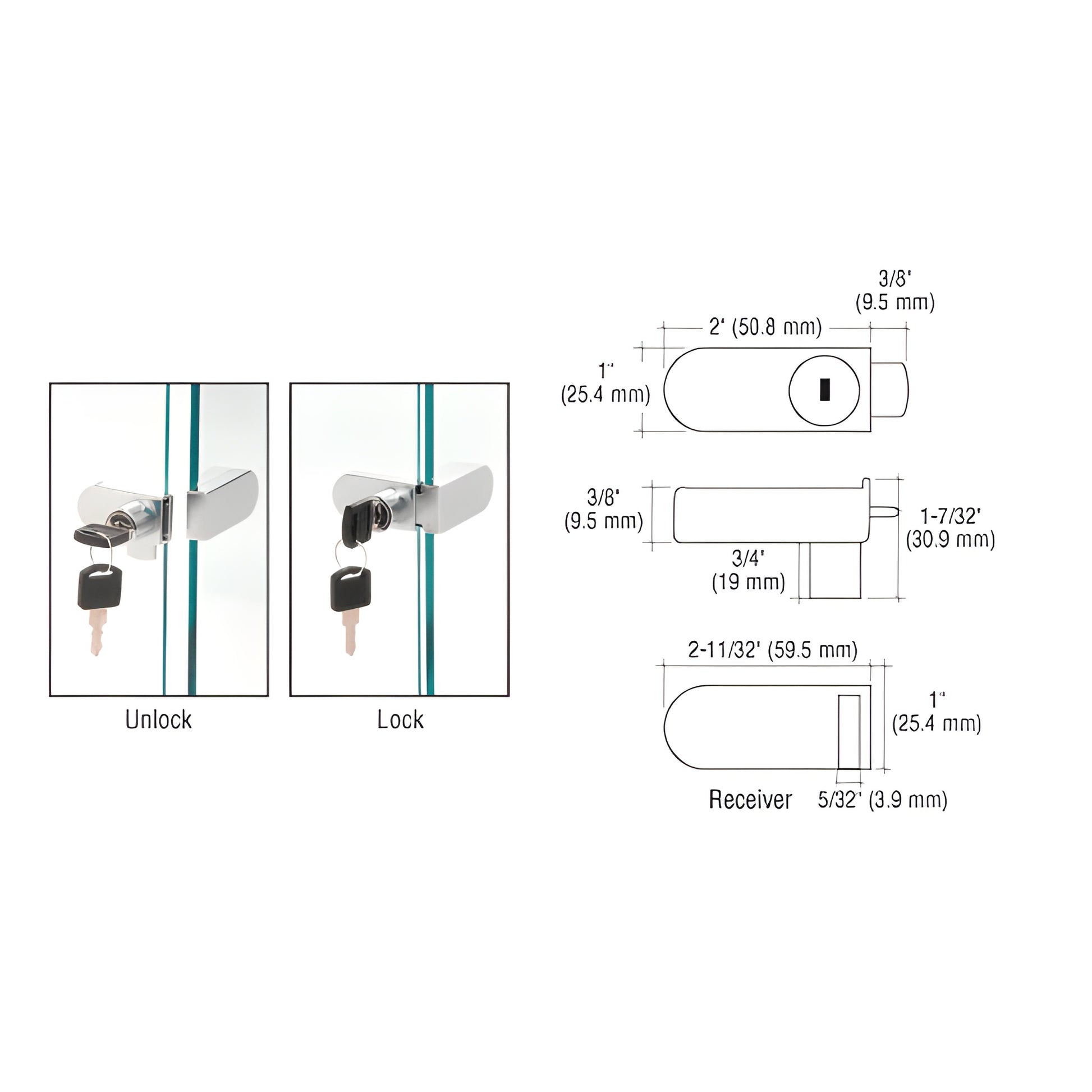 Chrome no-drill showcase lock (SKU 255CHKA) mounted on glass with key, receiver and dimensional diagram.