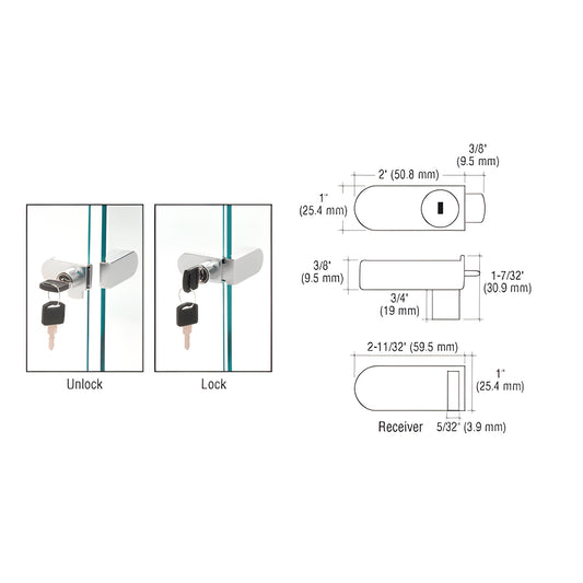 Chrome no-drill showcase lock (SKU 255CHKA) mounted on glass with key, receiver and dimensional diagram.