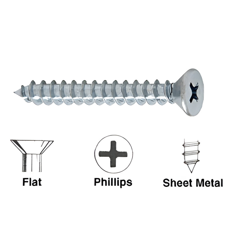 CRL #8 x 1-1/2 in Phillips flat head sheet metal screw, brite zinc plated. SKU 8X112FHPSMS