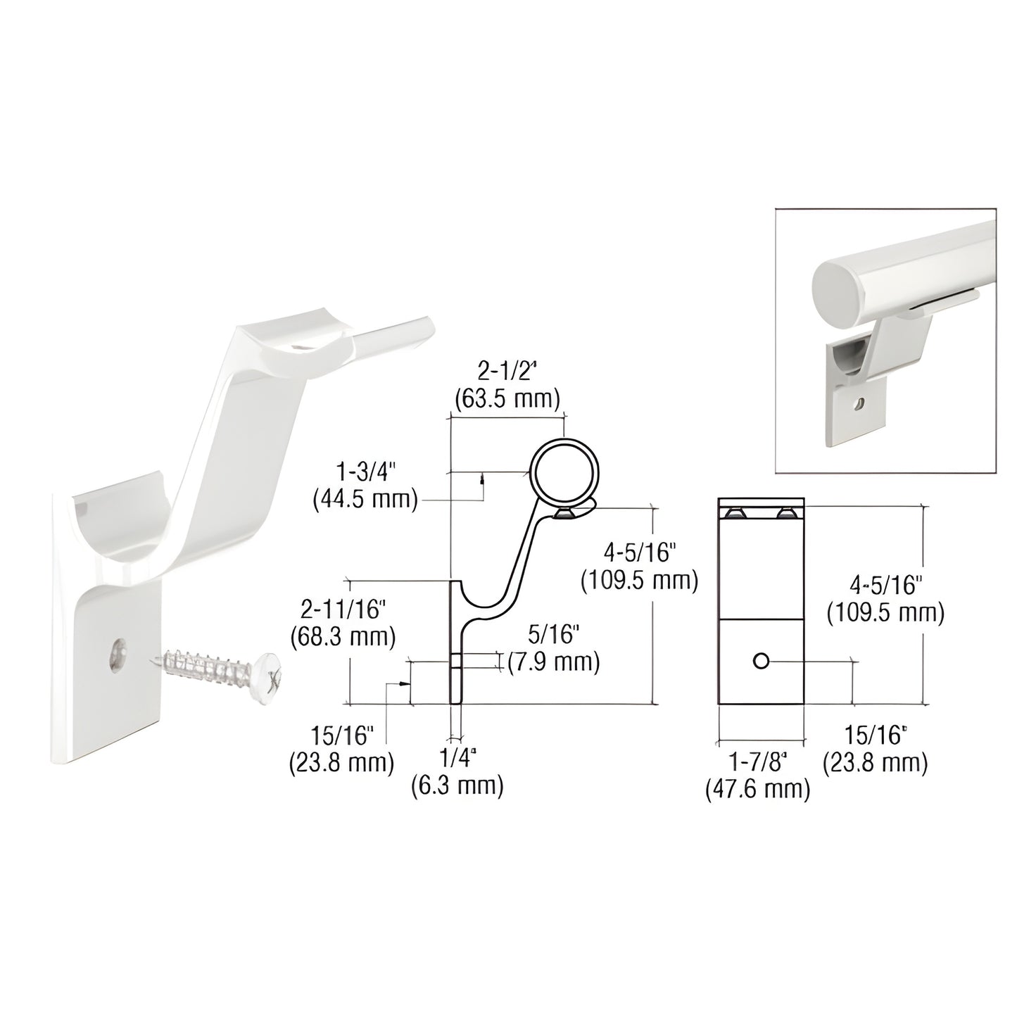ARHB1W sky white aluminum quick connect handrail bracket for 1-1/2 (38mm) tubing, includes stainless screw.