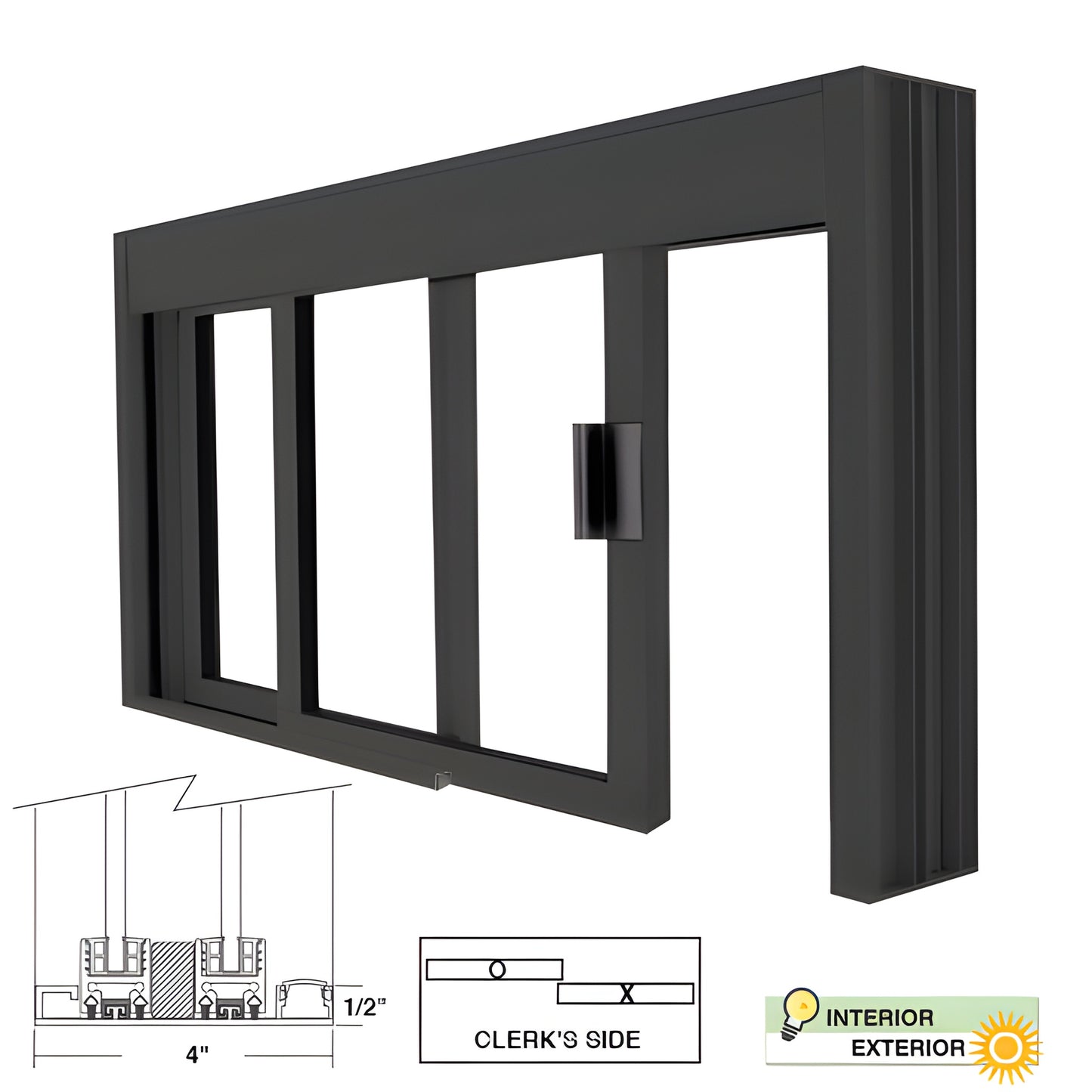 Duranodic bronze aluminum 48x36 manual sliding service window (DW48360XUDU) with self-latching handle, unglazed.