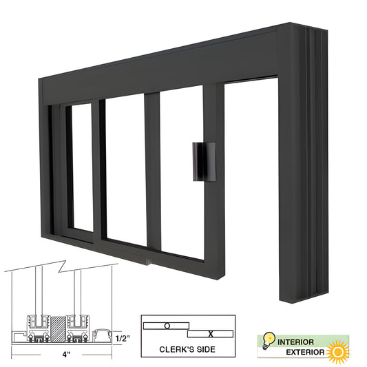 Duranodic bronze aluminum 48x36 manual sliding service window (DW48360XUDU) with self-latching handle, unglazed.