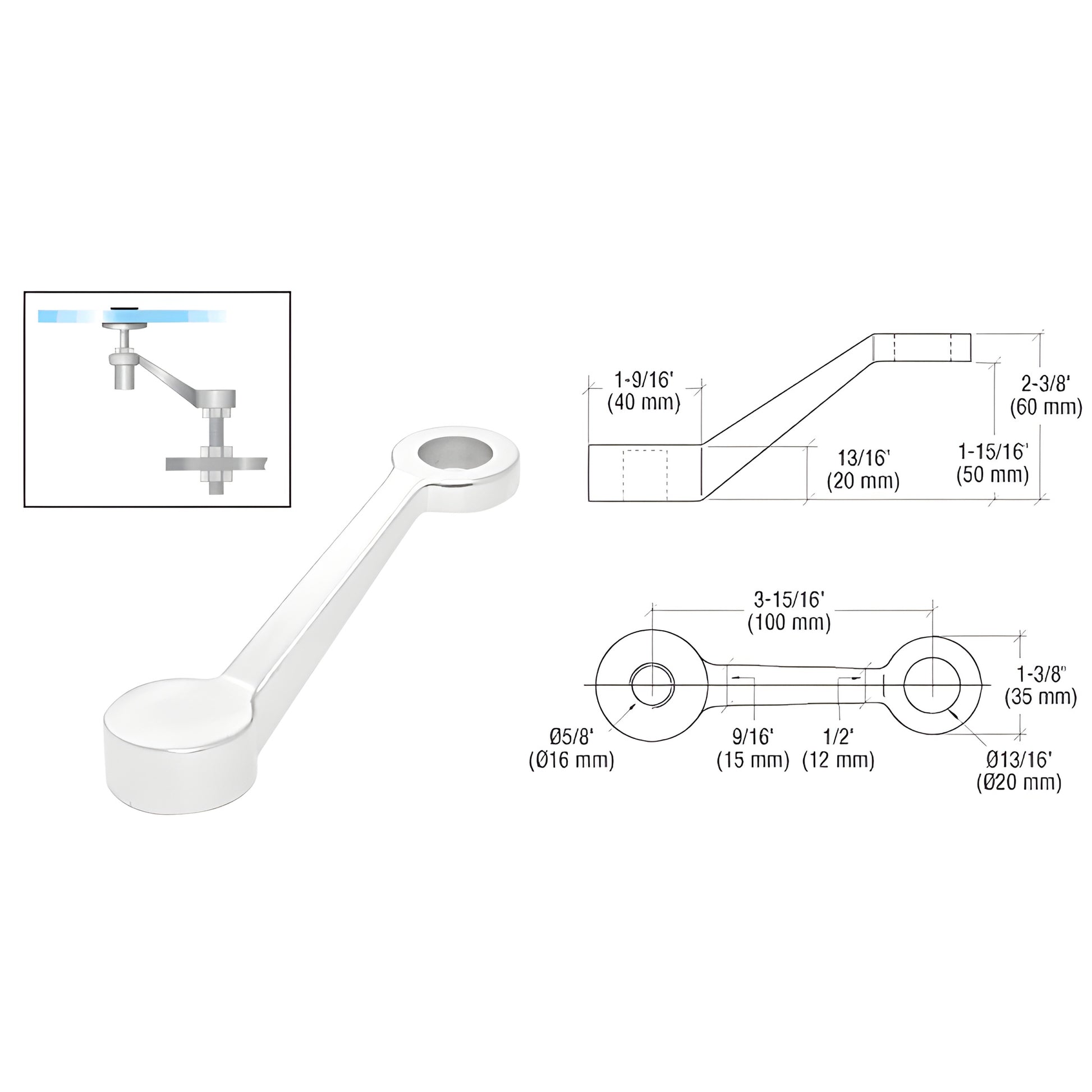 CRL PMR1PS stainless single-arm glass fitting for 1/2" (12 mm) tempered glass, product photo with technical drawing