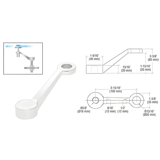 CRL PMR1PS stainless single-arm glass fitting for 1/2" (12 mm) tempered glass, product photo with technical drawing