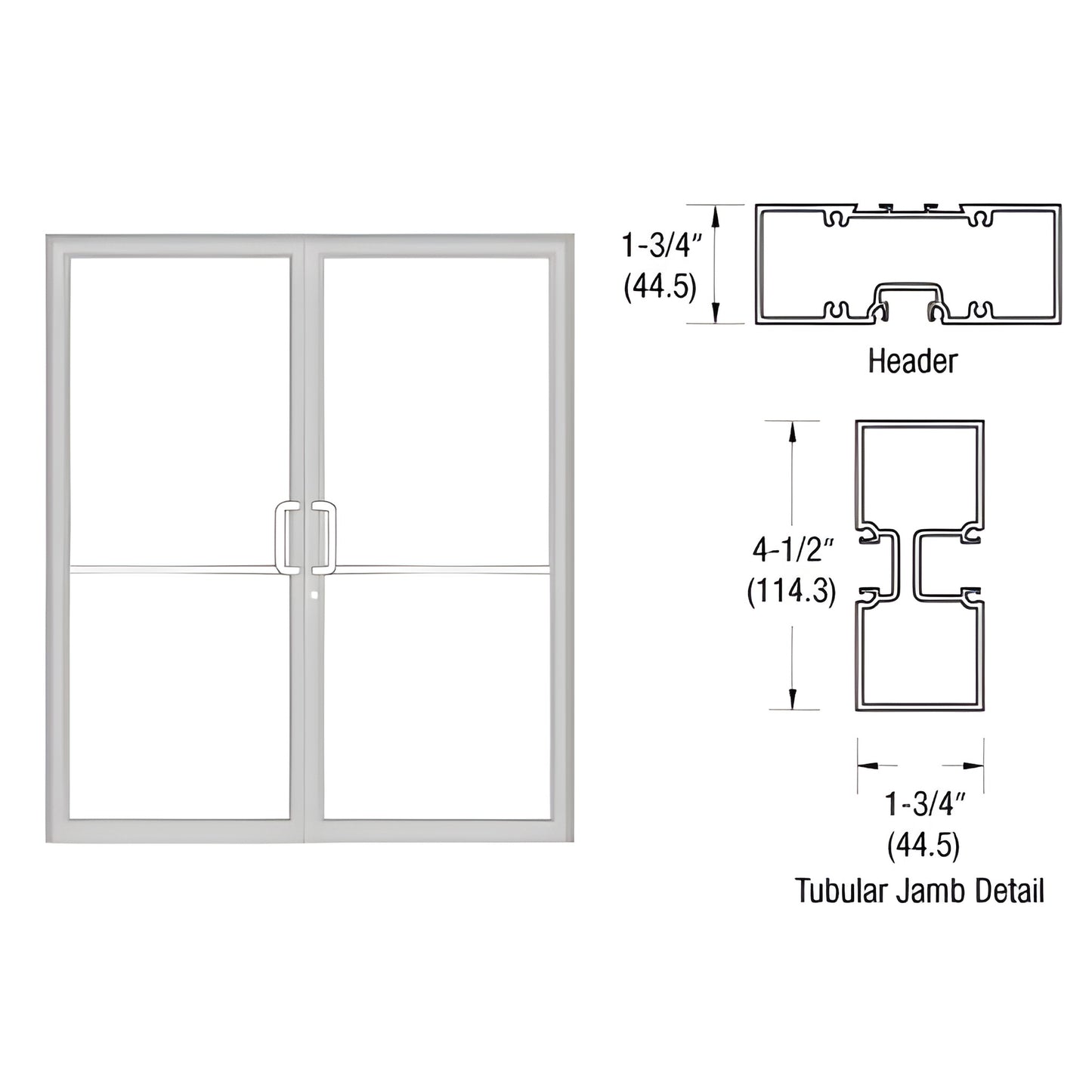 Clear anodized aluminum double-door gear-hinge frame with tubular jambs, aluminum threshold and center pulls; diagrammed dims