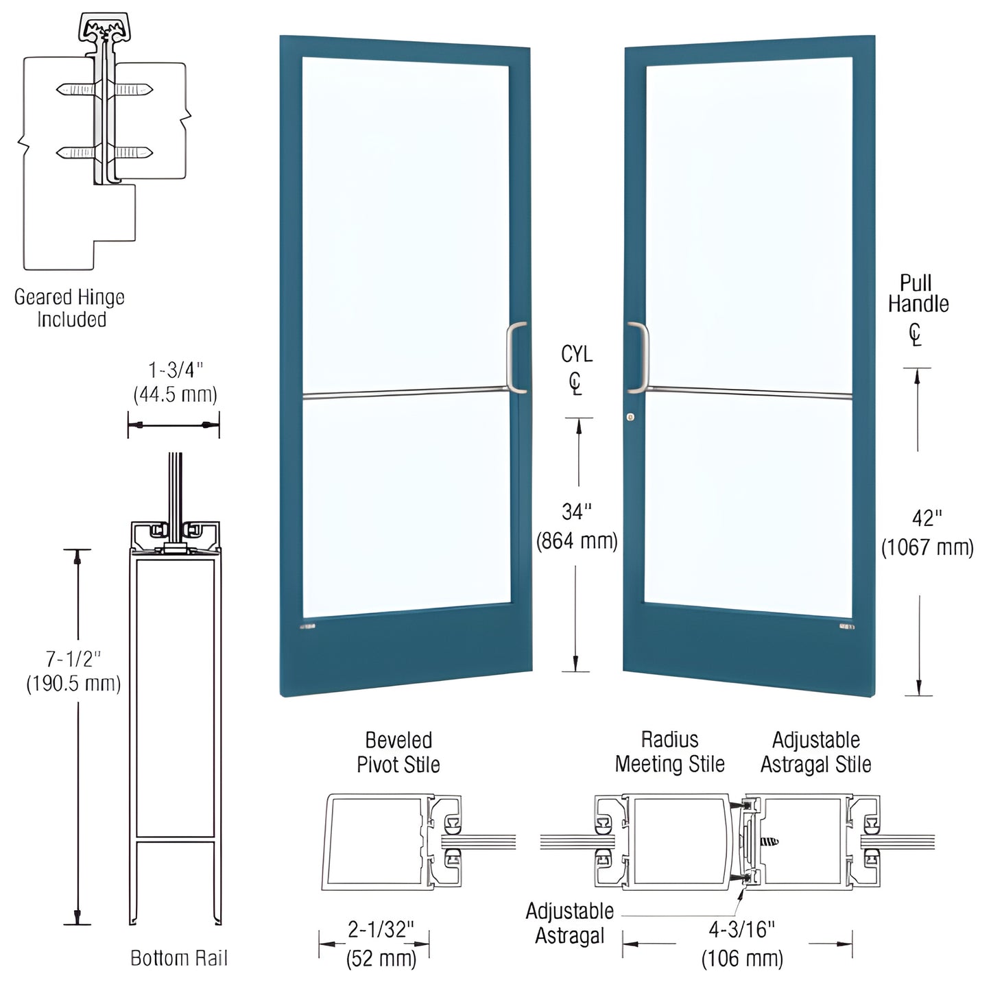 Custom Narrow Stile Entrance Door SKU HE22871, Kynar blue frame, narrow 2" stiles, glass commercial/ADA entrance