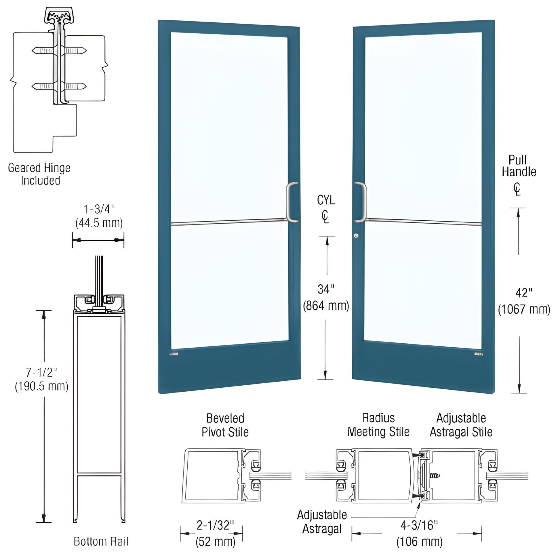 Custom Narrow Stile Entrance Door SKU HE22871, Kynar blue frame, narrow 2" stiles, glass commercial/ADA entrance
