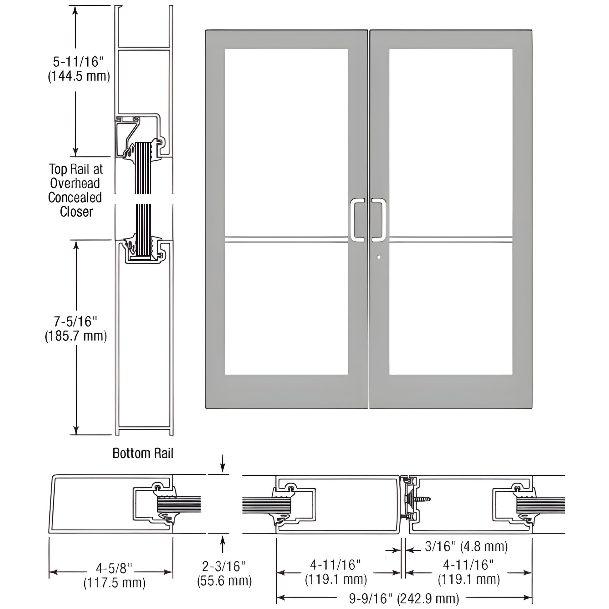SF42411 CRL clear anodized medium stile double entrance door drawing, dimensions, hardware prep for impact glazing
