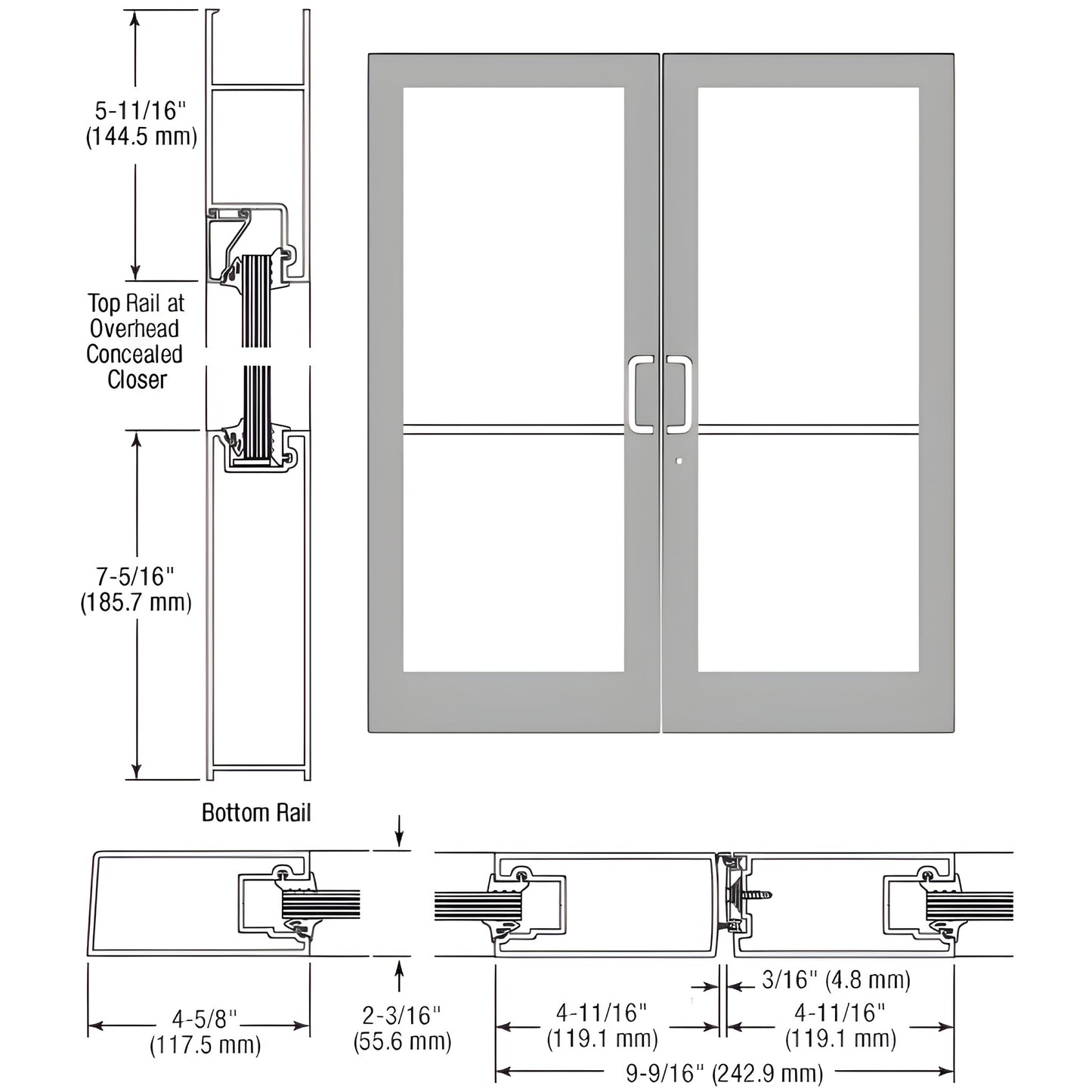 CRL SF42911 medium-stile double entrance door, clear anodized, prepped for 9/16" impact glazing, keyed hardware.