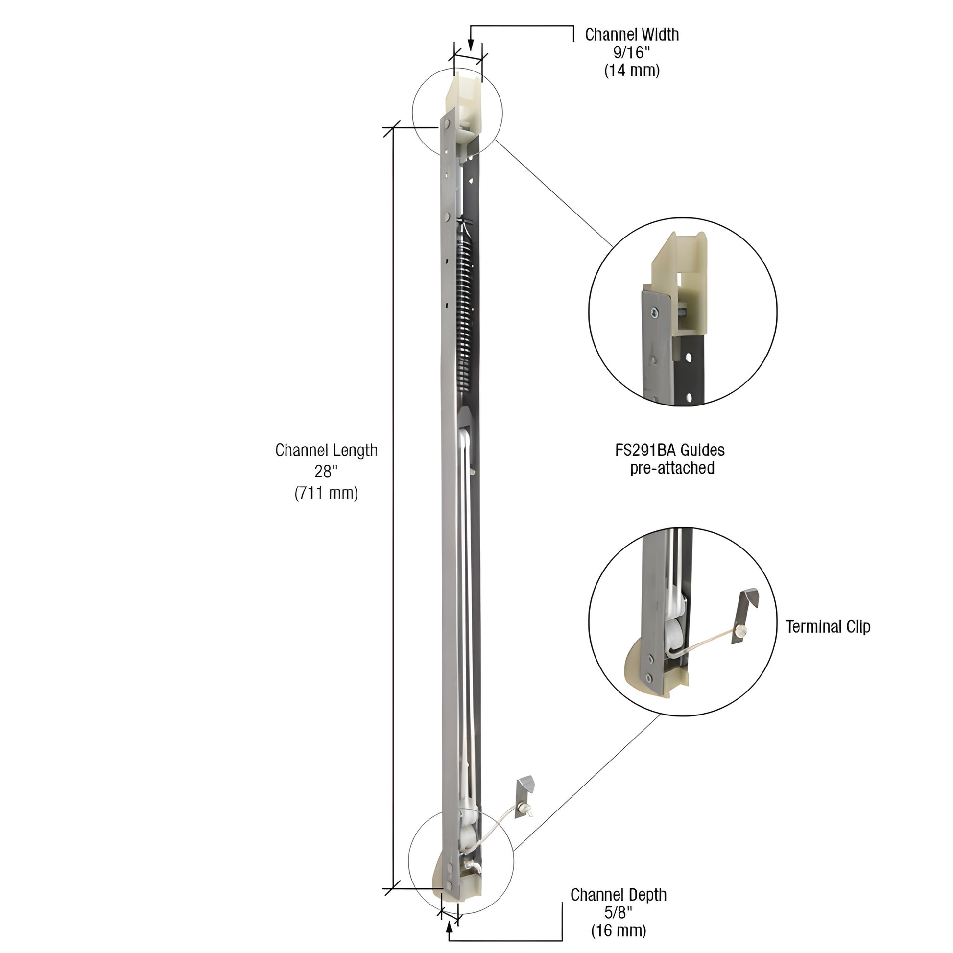 CRL FA2720G channel sash balance, 28 in long with FS291BA pre-attached guides, 5/8 in depth, 9/16 in width