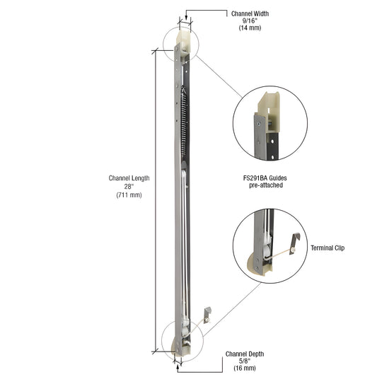 CRL FA2720G channel sash balance, 28 in long with FS291BA pre-attached guides, 5/8 in depth, 9/16 in width