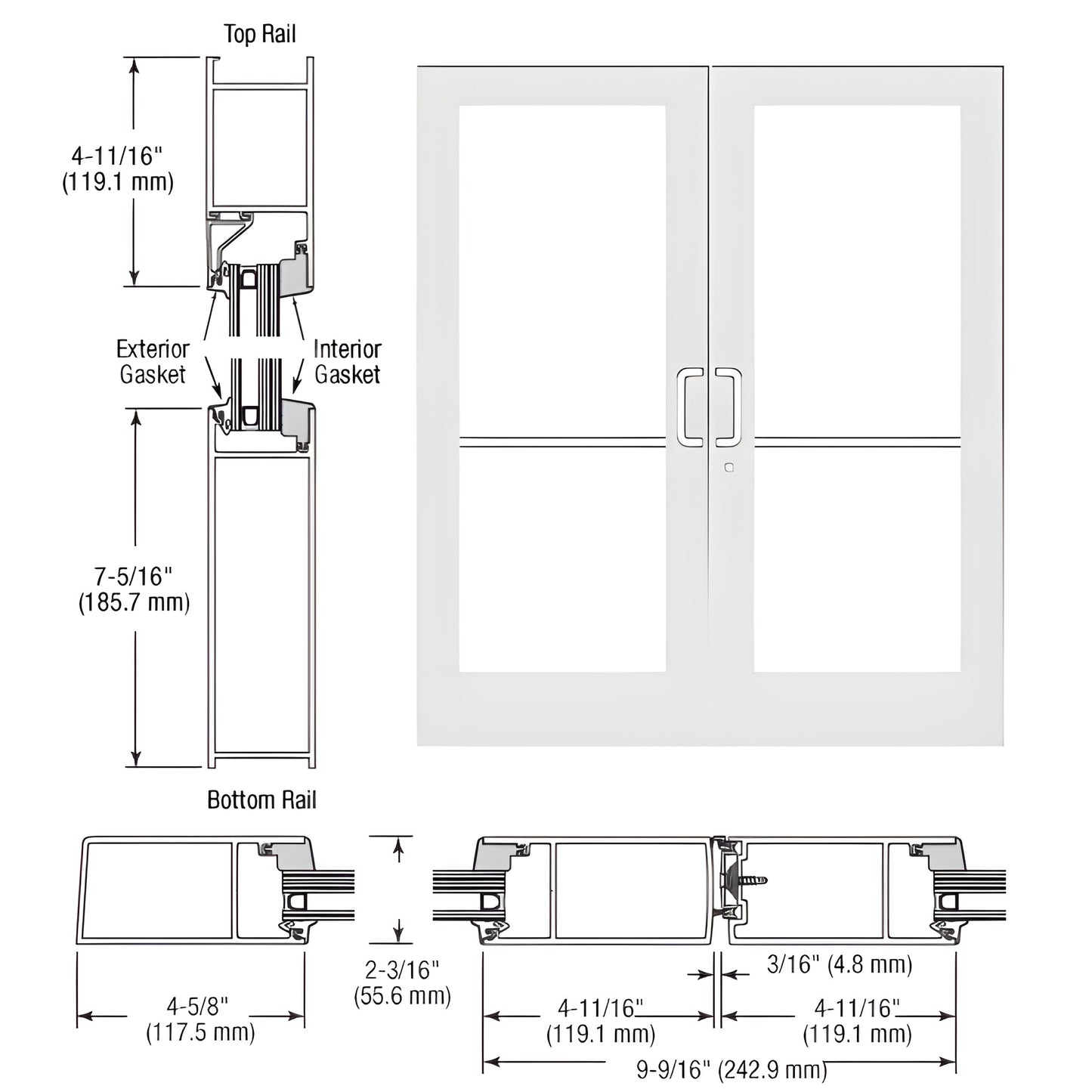 White Kynar medium-stile double impact entrance pair (SF62852) with hardware, glass stops and dimensional diagram.