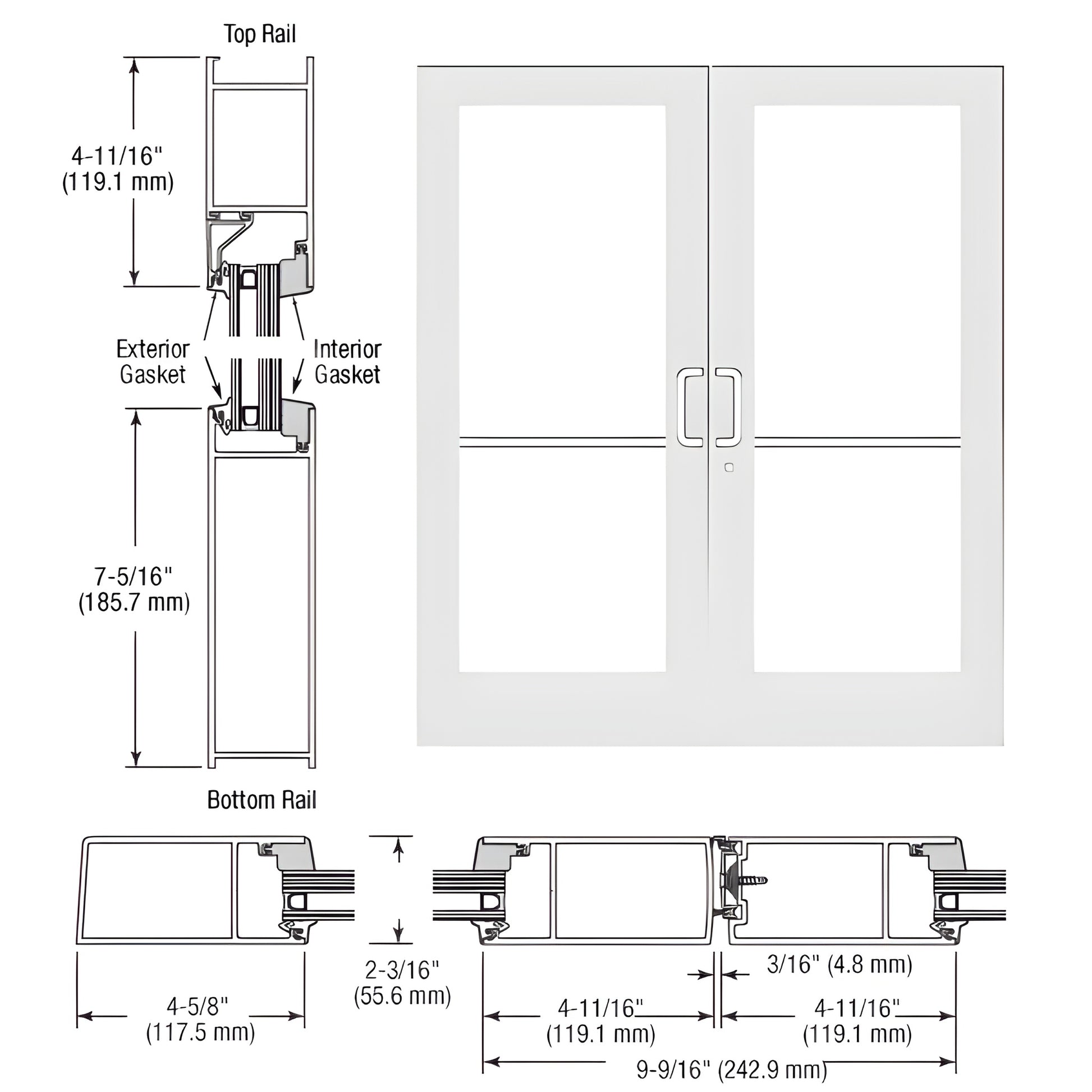 White Kynar medium-stile double impact entrance pair (SF62852) with hardware, glass stops and dimensional diagram.