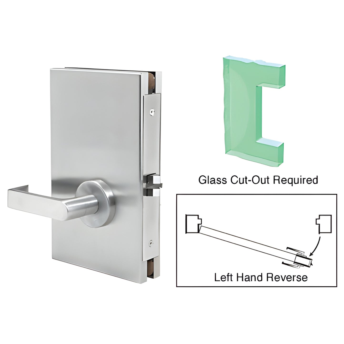 CRL DL611LPSC 6x10 satin-anodized center lock with lever for 1/2" tempered glass, left-hand reverse; glass cut-out required