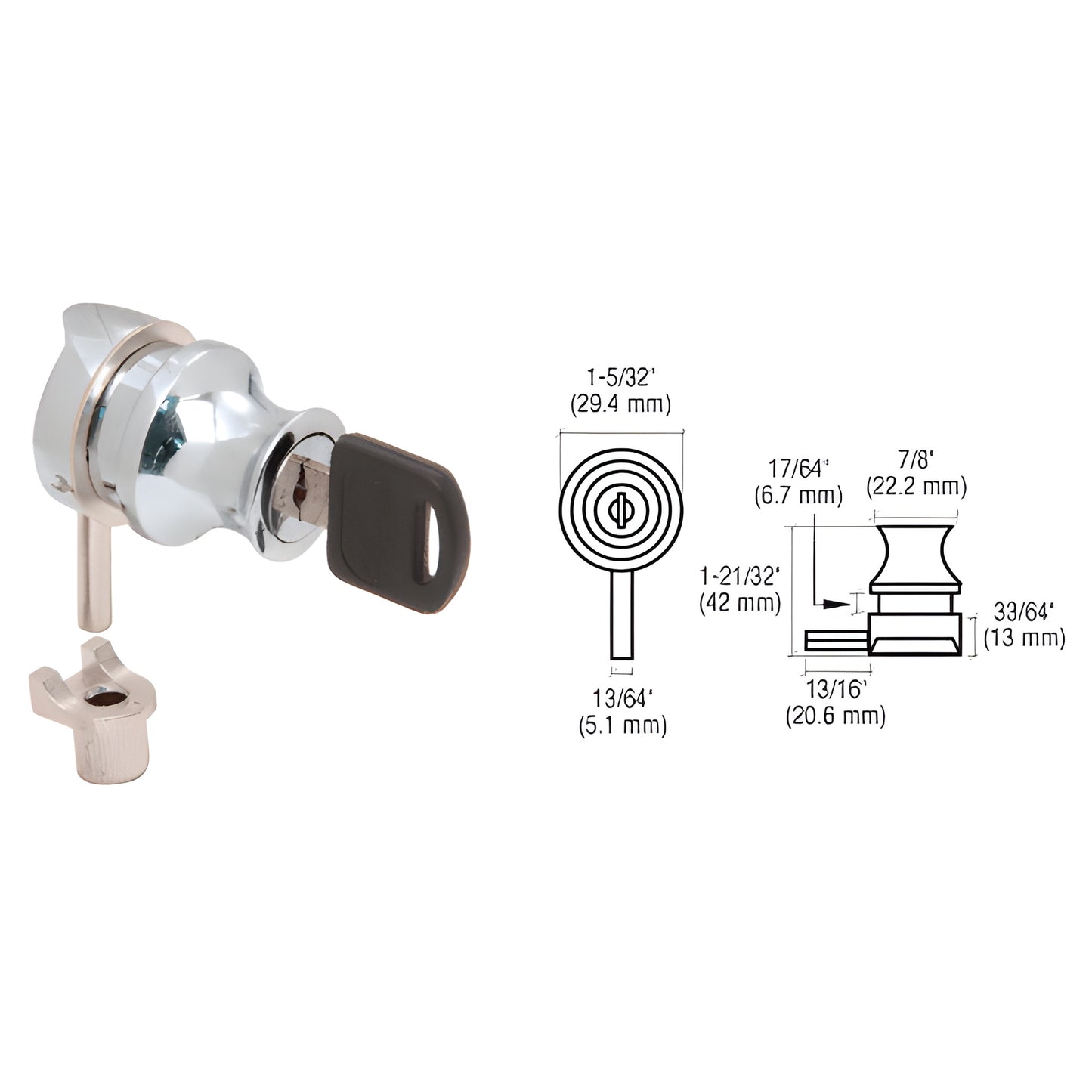 LK38KA polished chrome plunger lock for 1/4" (6 mm) glass doors, includes key and matching keeper