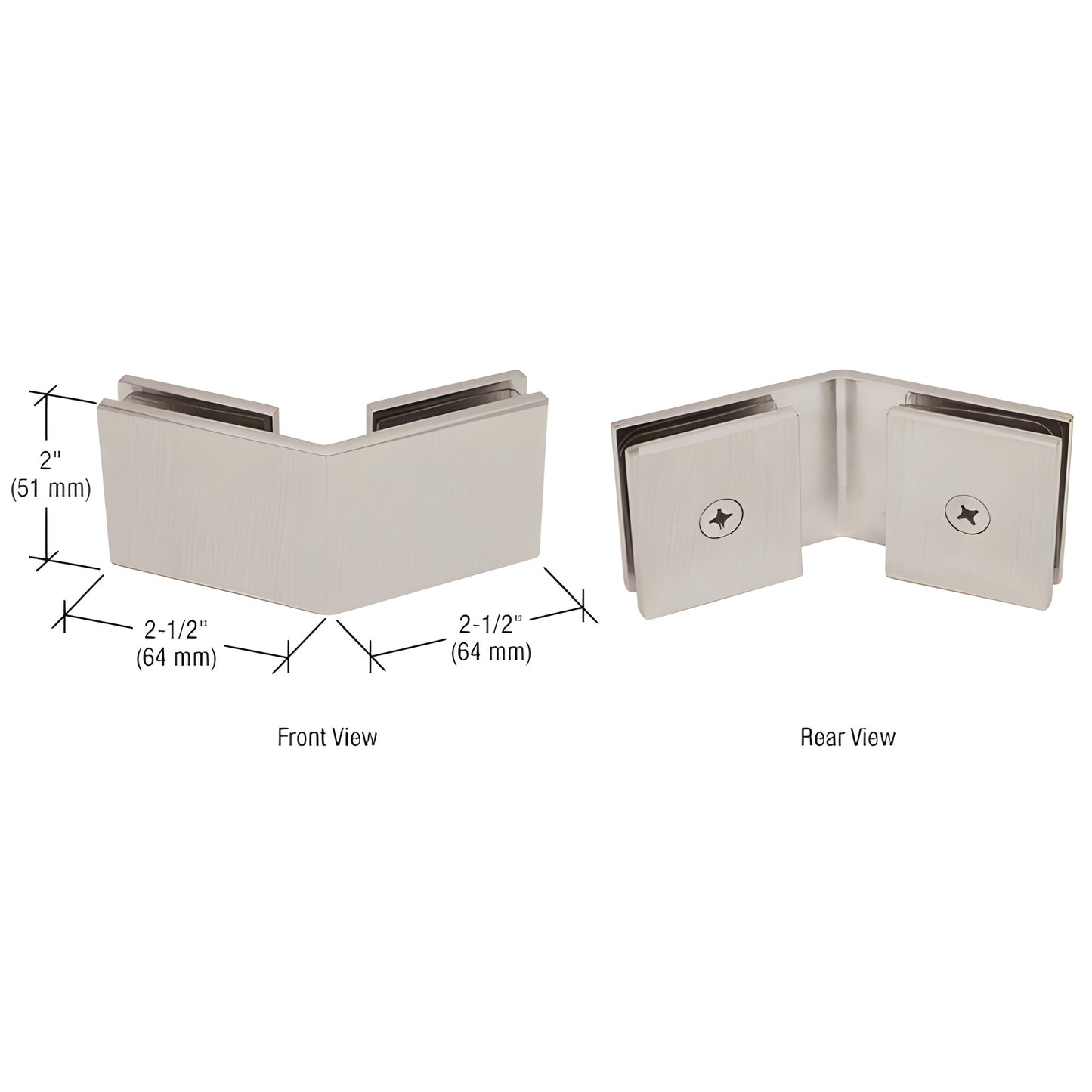 Brushed nickel square 135 glass-to-glass clamp (SKU SGC135BN), solid brass, 2" high, 21 2" legs - for frameless showers.