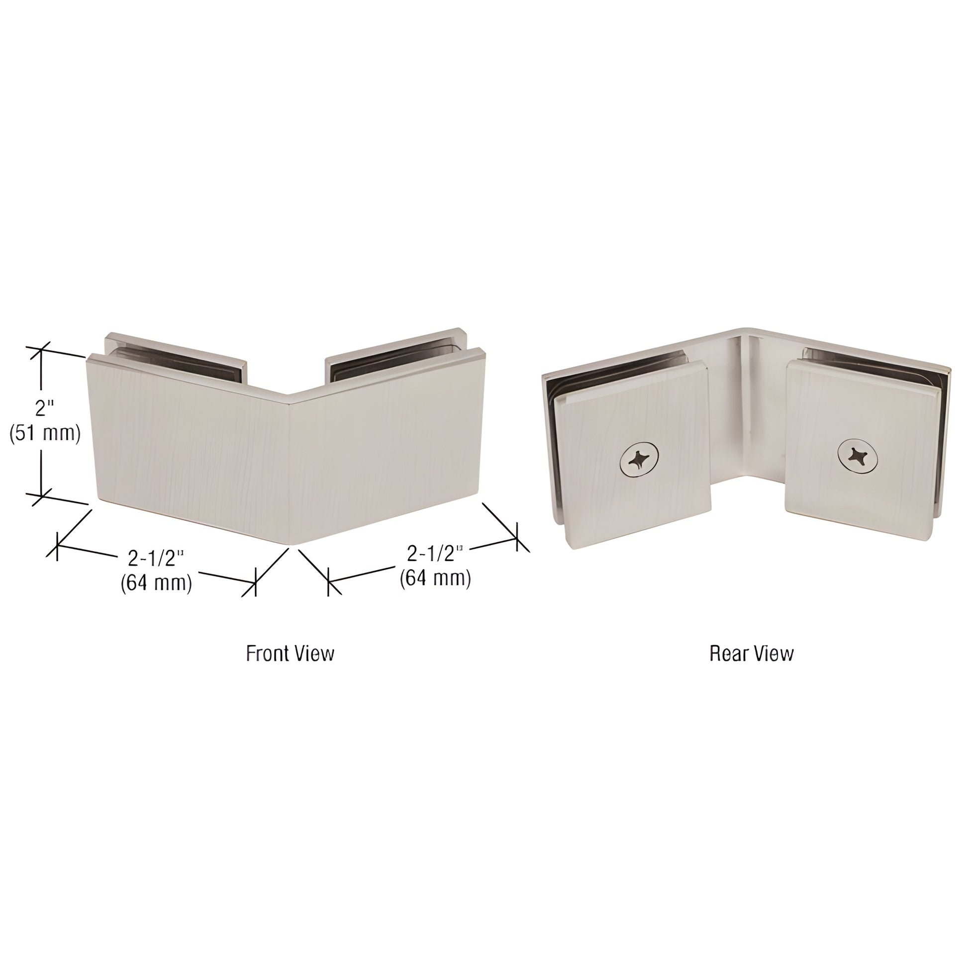 Brushed nickel square 135 glass-to-glass clamp (SKU SGC135BN), solid brass, 2" high, 21 2" legs - for frameless showers.