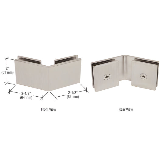Brushed nickel square 135 glass-to-glass clamp (SKU SGC135BN), solid brass, 2" high, 21 2" legs - for frameless showers.