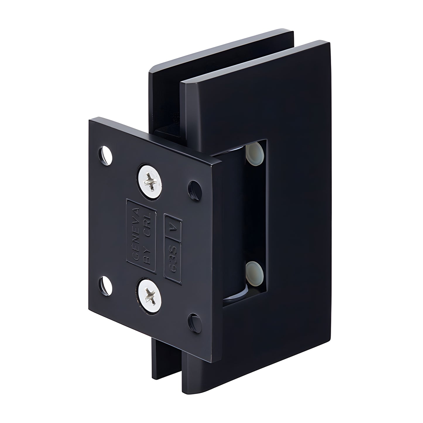 GEN074MBL matte black brass Geneva wall-mount shower hinge, short back plate, self-centering, fits 8-12mm tempered glass.