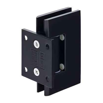 GEN074MBL matte black brass Geneva wall-mount shower hinge, short back plate, self-centering, fits 8-12mm tempered glass.
