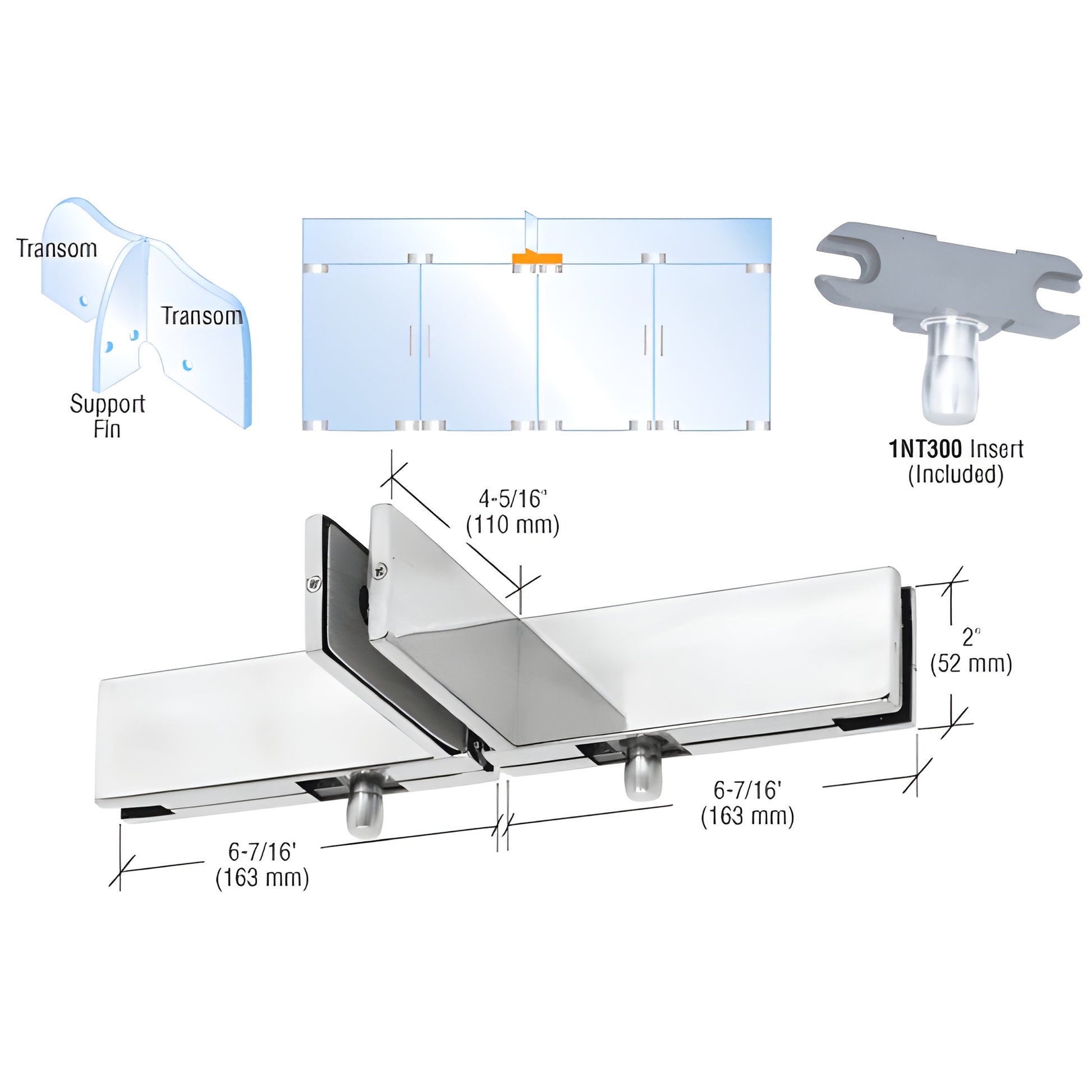 PH51PS polished stainless double transom patch with support fin bracket for 3/8-1/2" (10/12 mm) glass, includes 1NT300 insert