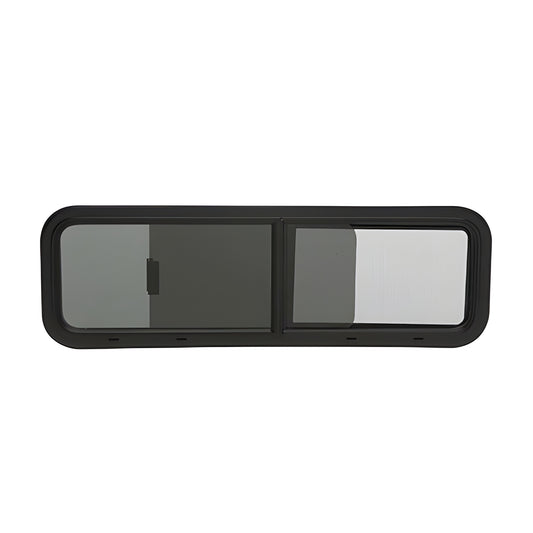CRL VW1033L universal half-slider van window, black powder-coated frame with solar privacy sliding glass and removable screen