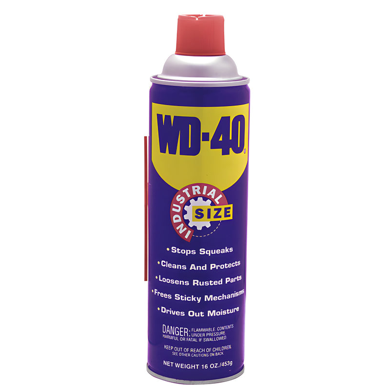 WD-40 lubricant aerosol can (16 oz) with red straw, purple/yellow label - multi-purpose rust preventive spray (SKU WD4018)