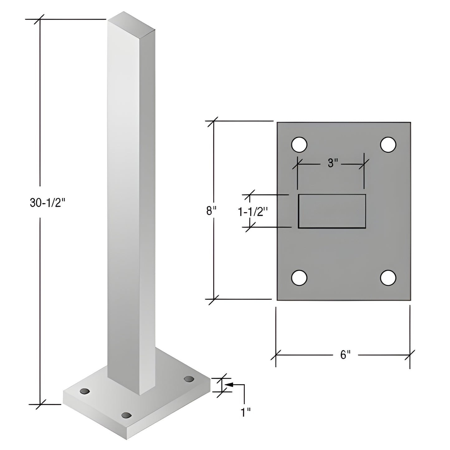 CS3S silver metallic zinc-plated steel post with 6 8 in base plate, 1 in thick, 301 2 in tall, four-bolt mounting