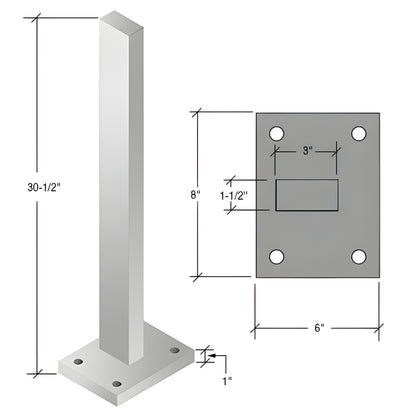 CS3S silver metallic zinc-plated steel post with 6 8 in base plate, 1 in thick, 301 2 in tall, four-bolt mounting
