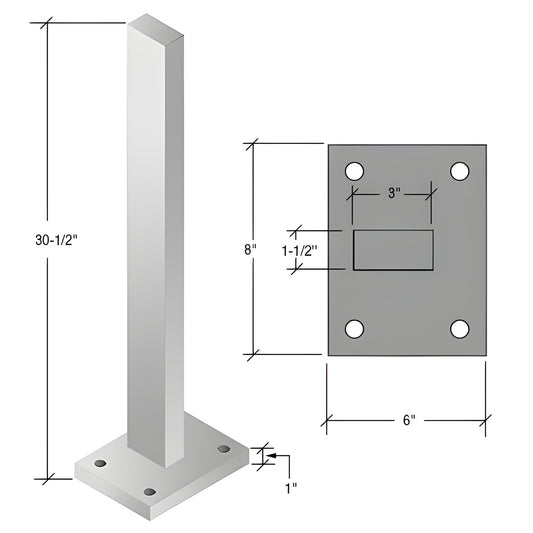 CS3S silver metallic zinc-plated steel post with 6 8 in base plate, 1 in thick, 301 2 in tall, four-bolt mounting