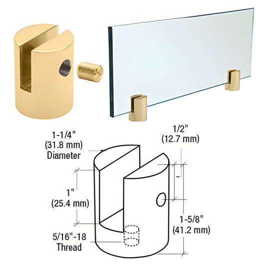 SM38BR polished brass slot-mount standoff for 3/8" (10mm) glass, 1-1/4" diameter, with nylon-tip set screw.