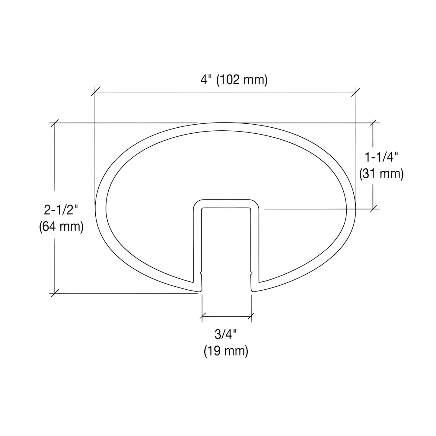 Satin anodized oval aluminum cap rail, 4 in wide, for 1/2-5/8 in glass - SKU GR0V4SA