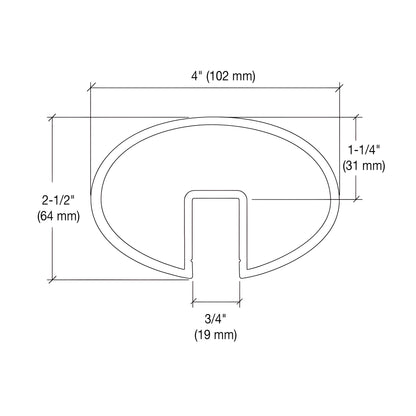 Satin anodized oval aluminum cap rail, 4 in wide, for 1/2-5/8 in glass - SKU GR0V4SA