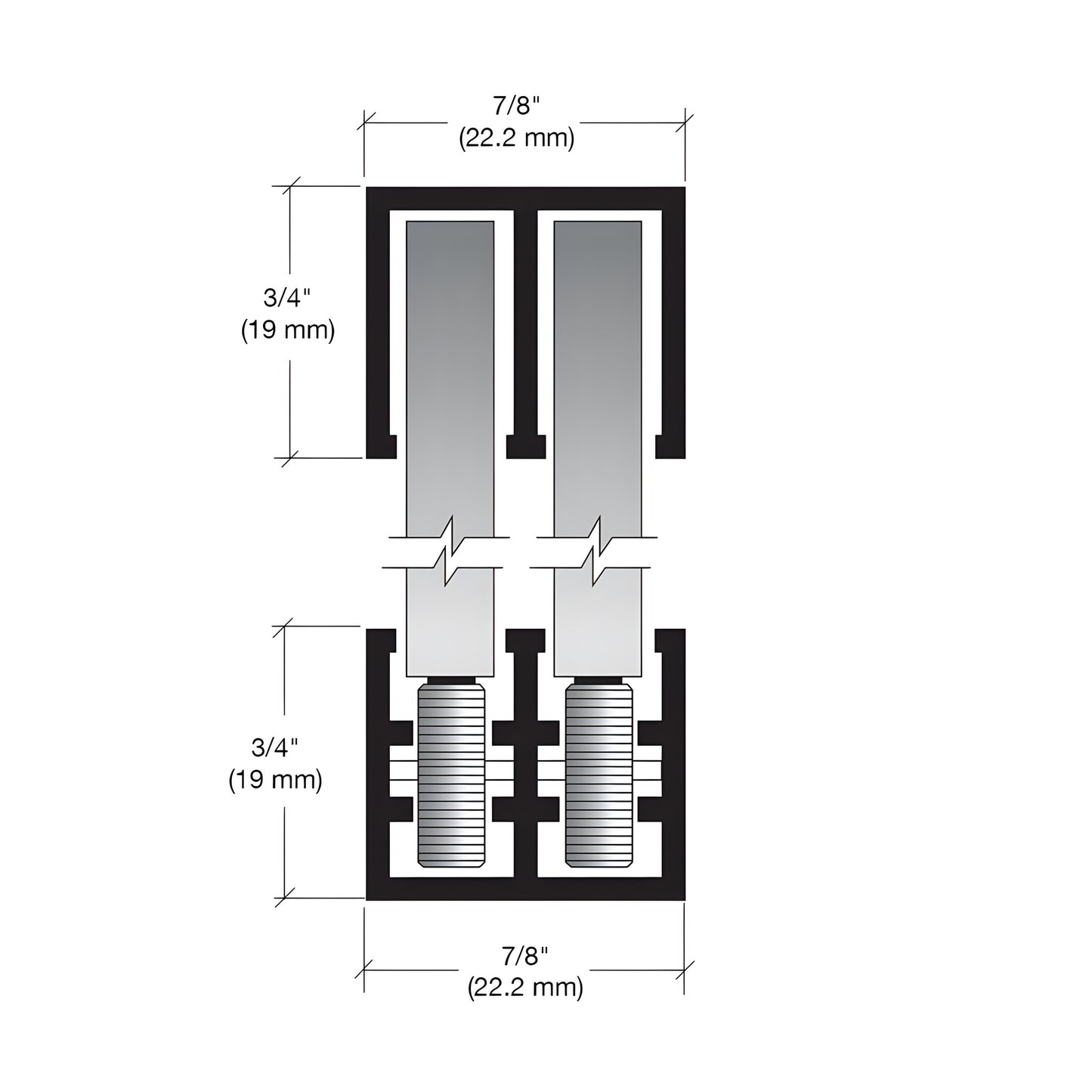 Aluminum double roller track for 1/4" (6mm) glass sliding doors, polished finish - CRL SKU 16795