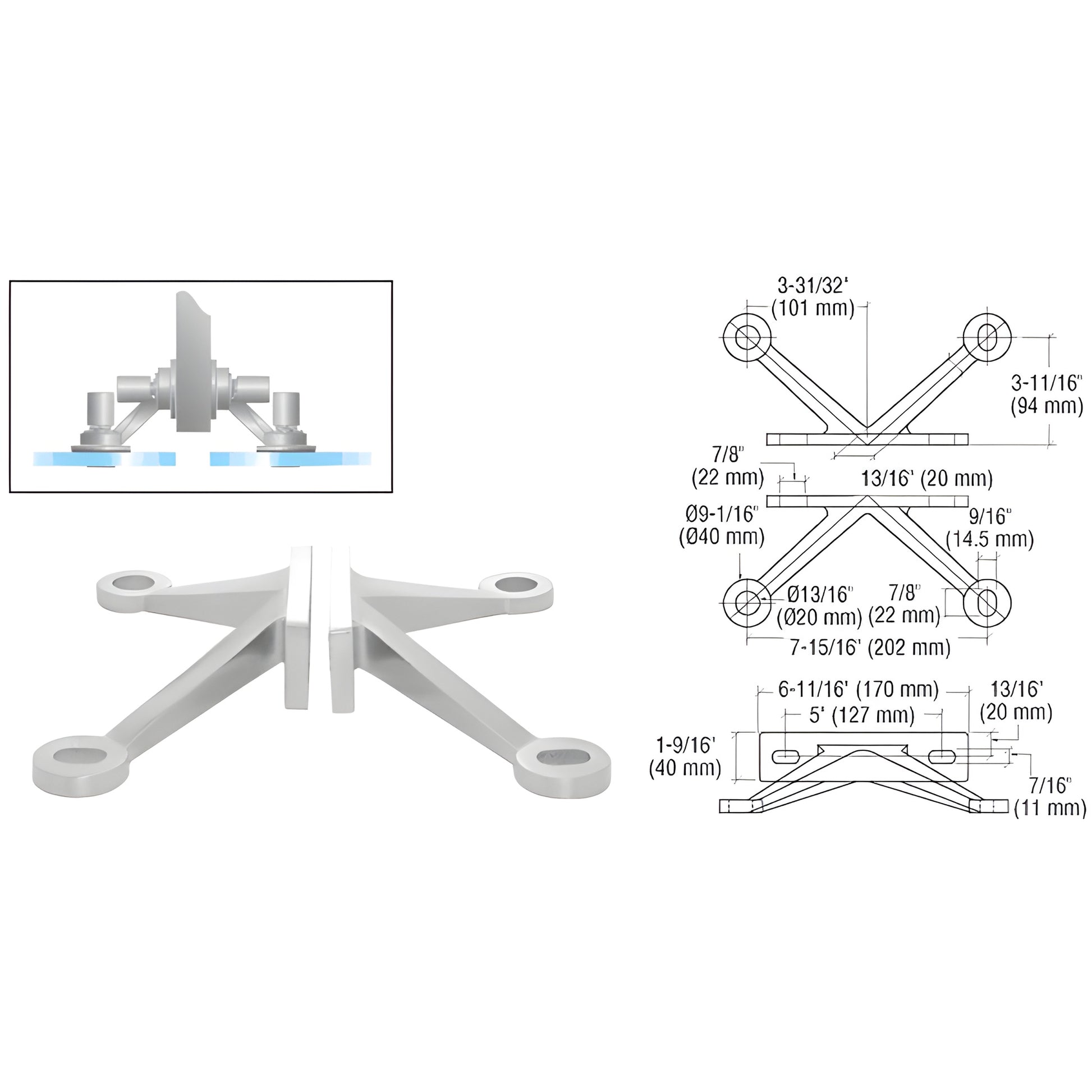 CRL FMH4BS stainless steel four-arm fitting for attaching two inline tempered glass panels to center fin