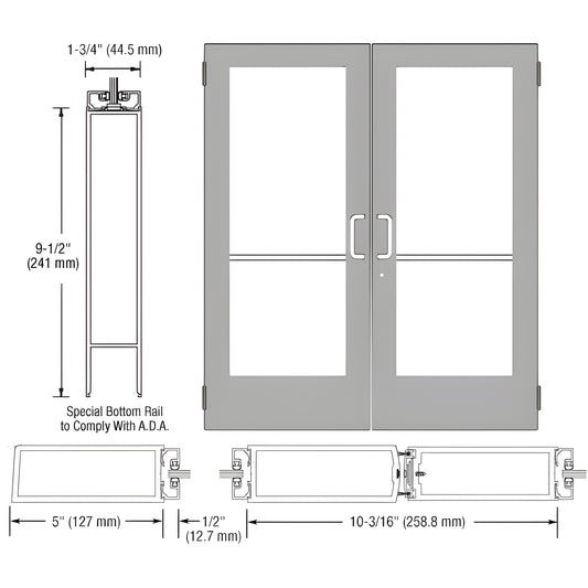 CRL CD52511 clear anodized wide-stile double entrance door, 5 in stiles, 91 2 in ADA bottom rail, fits 1/4 in tempered glass