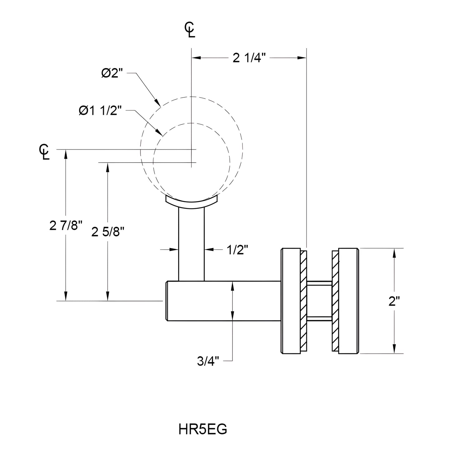 Matte black aluminum glass-mounted handrail bracket for 1/2 to 1-1/16 in glass; fits 1.5-2 in rail. SKU HR5EGMBL