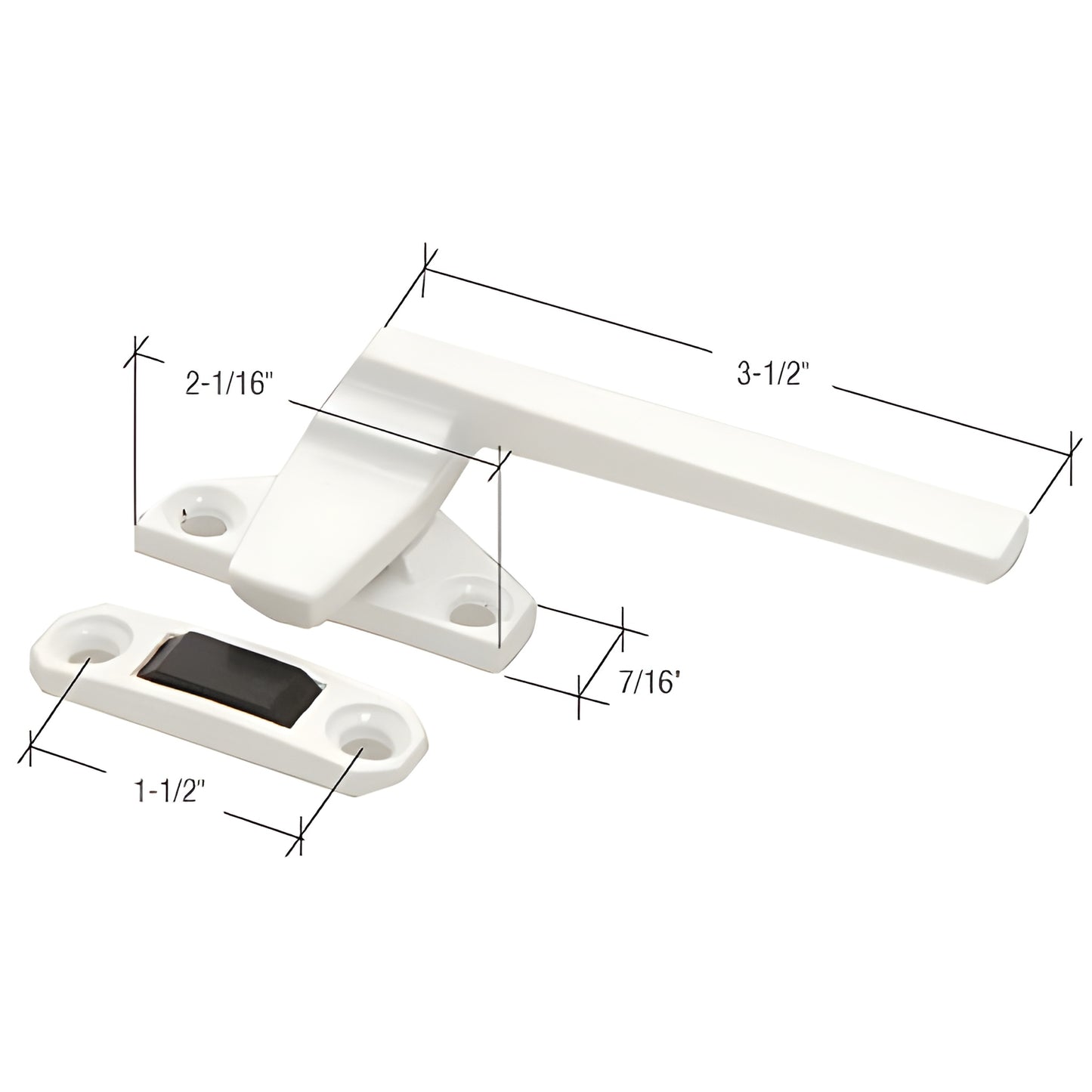 White casement window locking handle SKU H3821 with offset base and keeper, diecast powder coated finish, 3.5" arm