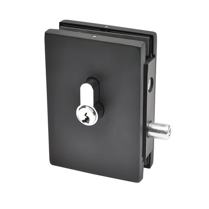 EUR681MBL matte black European glass-mounted patch lock with cylinder and bolt, fits 3/8" and 1/2" glass