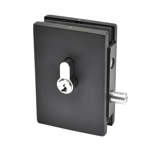 EUR681MBL matte black European glass-mounted patch lock with cylinder and bolt, fits 3/8" and 1/2" glass