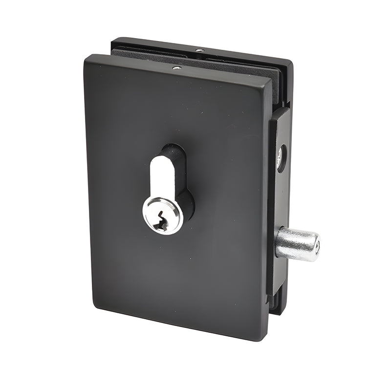 EUR681MBL matte black European glass-mounted patch lock with cylinder and bolt, fits 3/8" and 1/2" glass