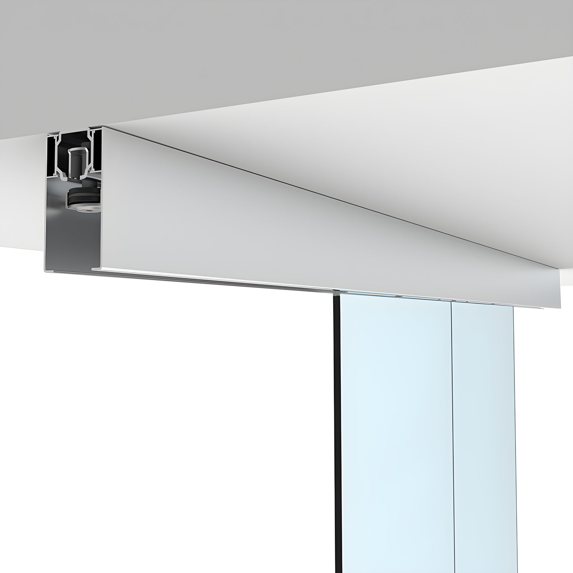 CRL70CS2 ceiling-mounted satin anodized top-hung bi-parting pocket slider for tempered glass panels.