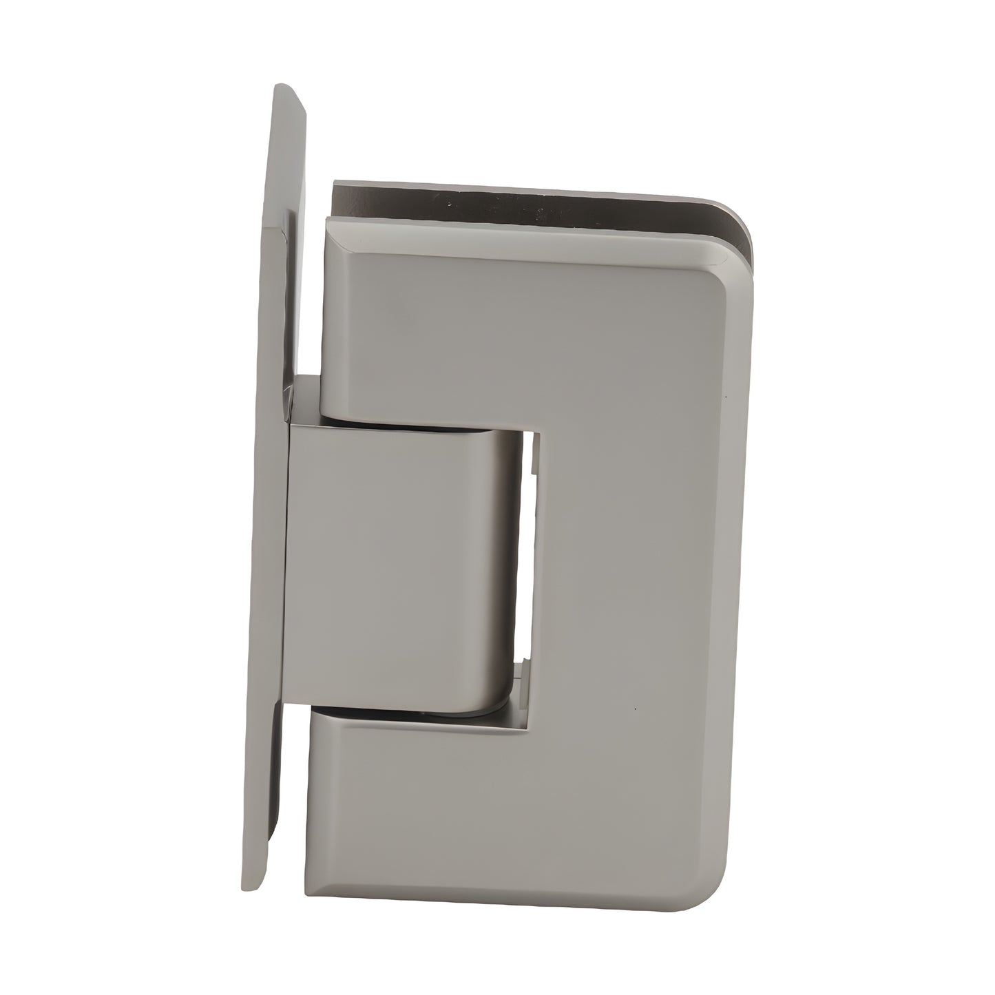 Satin nickel Cologne brass shower door hinge for 3/8-1/2 in tempered glass, wall-mount, self-centering (SKU C0L044SN)