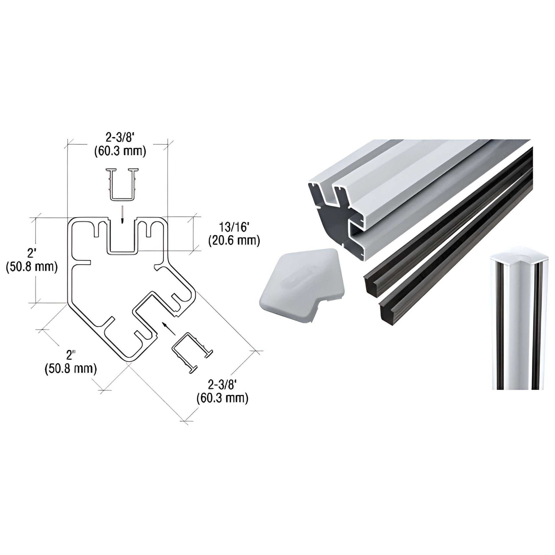 S605KM aluminum 135 rectangular corner post kit, mill finish with vinyl/wet glazing, fits 6-12mm (1/4-1/2") glass.